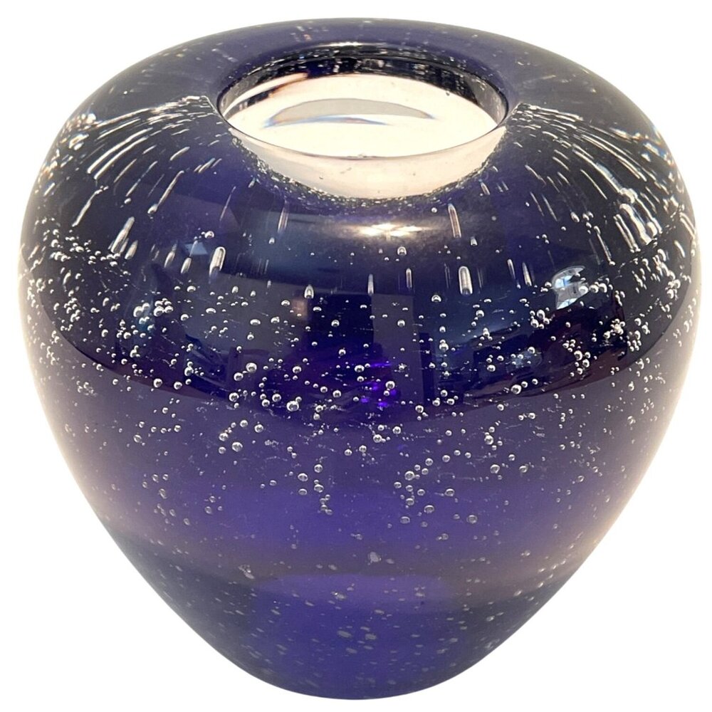 Art Glass Candle Holder Cobalt Royal Blue Clear Bubble Votive Tea Light Vintage